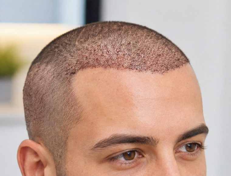 Close-up of a man's shaved head, highlighting a freshly buzzed hairline and evenly trimmed side.