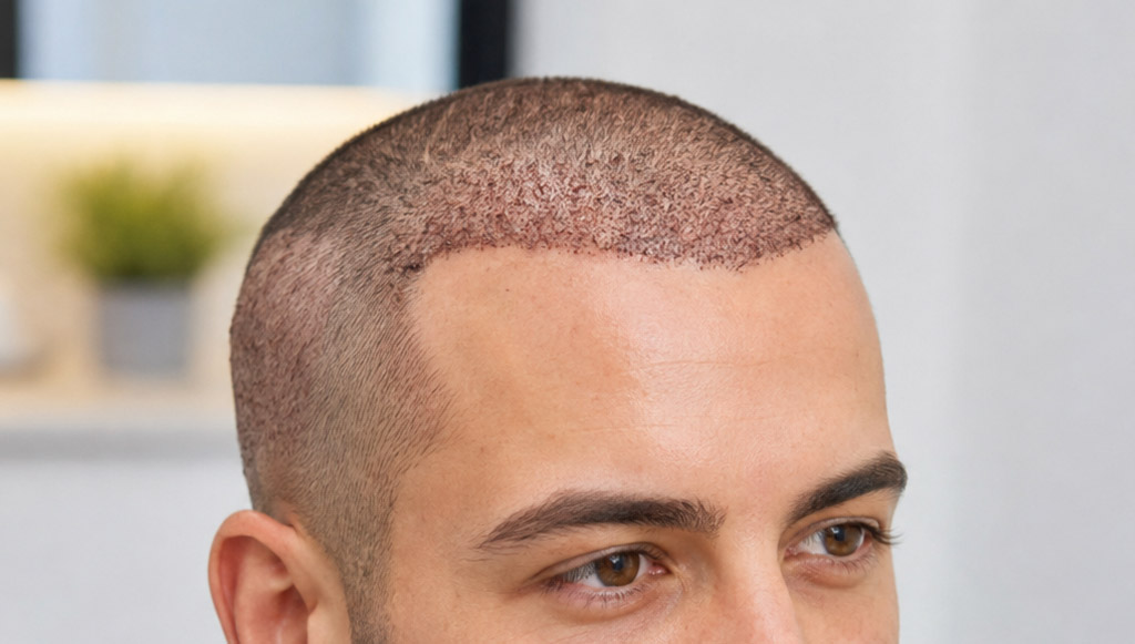 Close-up of a man's shaved head, highlighting a freshly buzzed hairline and evenly trimmed side.